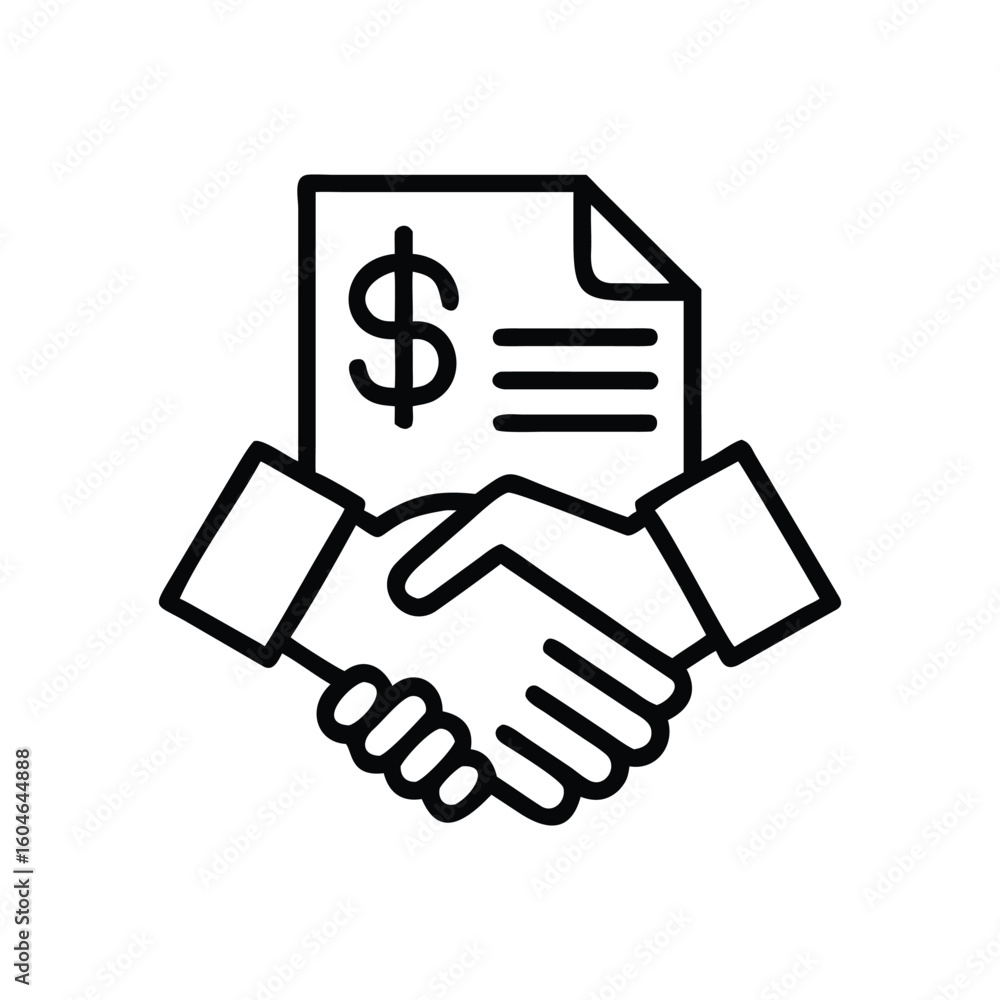 Hand with money, a symbol of business success and financial agreement line art vector icon illustration on white background Hand with money, a symbol of business success and financial agreement line art vector icon illustration on white background