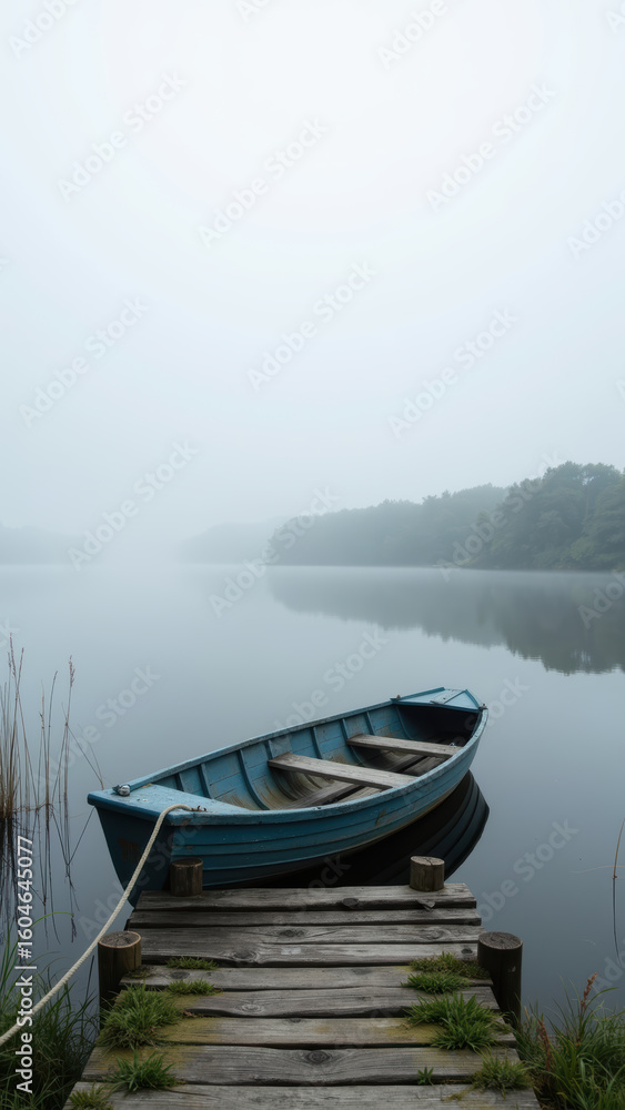 Obraz premium Serene boat rests on wooden dock by misty lake, surrounded by tranquil waters and lush greenery. fog creates peaceful atmosphere