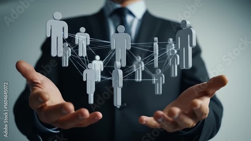 Man in Black Suit Presenting a Network of Abstract Figures Symbolizing Global Connectivity and Social Structures on a Neutral Background