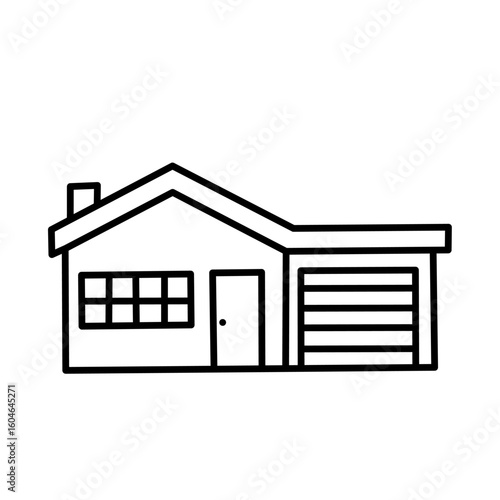 Black and white outline icon of a modern one-story house with attached garage and large front window. Ideal for property and architecture projects
