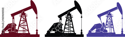 Three black silhouettes of oil pump jacks isolated on a white background in a vector illustration