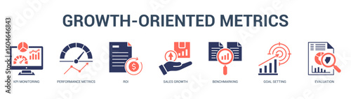 GrowthOriented Metrics Modern and clean web banner illustration featuring thematic icons for visual communication
