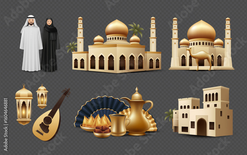 Arabic Culture Realistic Element Set on transparent background