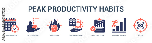Peak Productivity Habits Modern and clean web banner illustration featuring thematic icons for visual communication