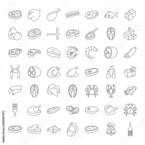 A collection of thin line icons representing various types of meat, poultry, fish, and seafood products.