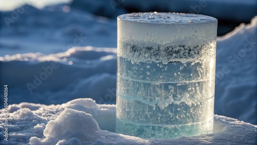 Layered ice core sample glowing in the sunlight on a snowy landscape.