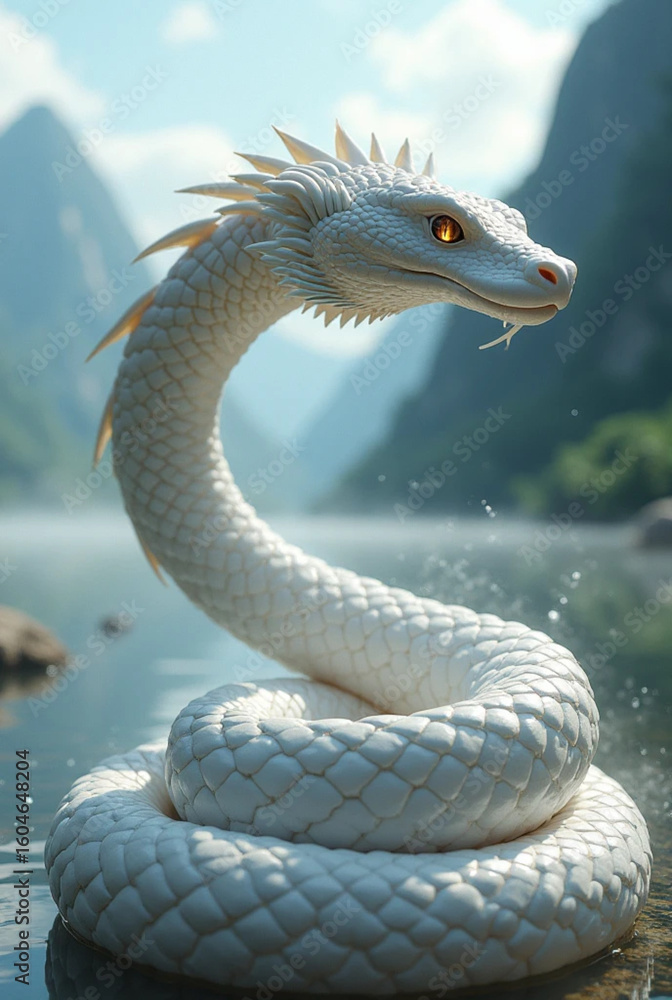 Fototapeta premium mythical creature resembling a white serpent-dragon, coiled gracefully by a serene mountain lake. Its body is covered in smooth, pearl-white scales that glisten in the soft daylight. The creature has 