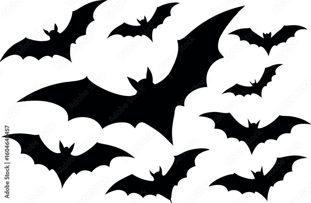Naklejka premium Collection of Bat Silhouettes Arranged in a Variety of Flying Poses Perfect for Halloween or Gothic Designs