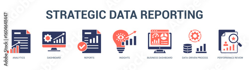Strategic Data Reporting Modern and clean web banner illustration featuring thematic icons for visual communication
