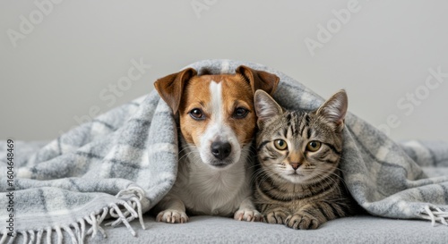 Dog and cat cuddling together under a blanket