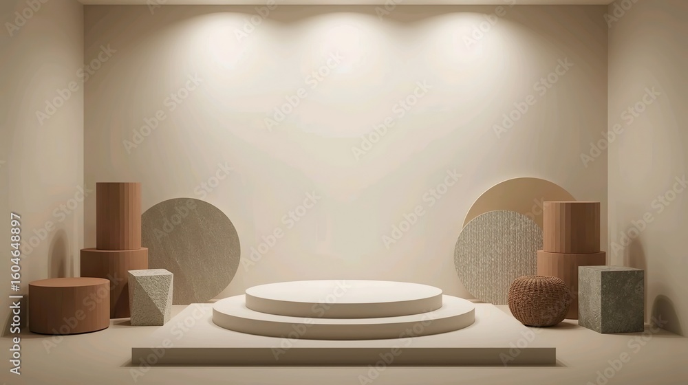 Obraz premium Tiered display podium with soft neutral tones and round props – elegant modern background