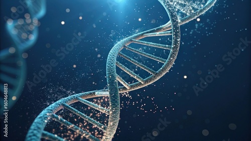 Futuristic DNA helix with glowing particles on a blue background.