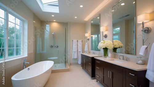 Spacious bathroom in gray tones with heated floors