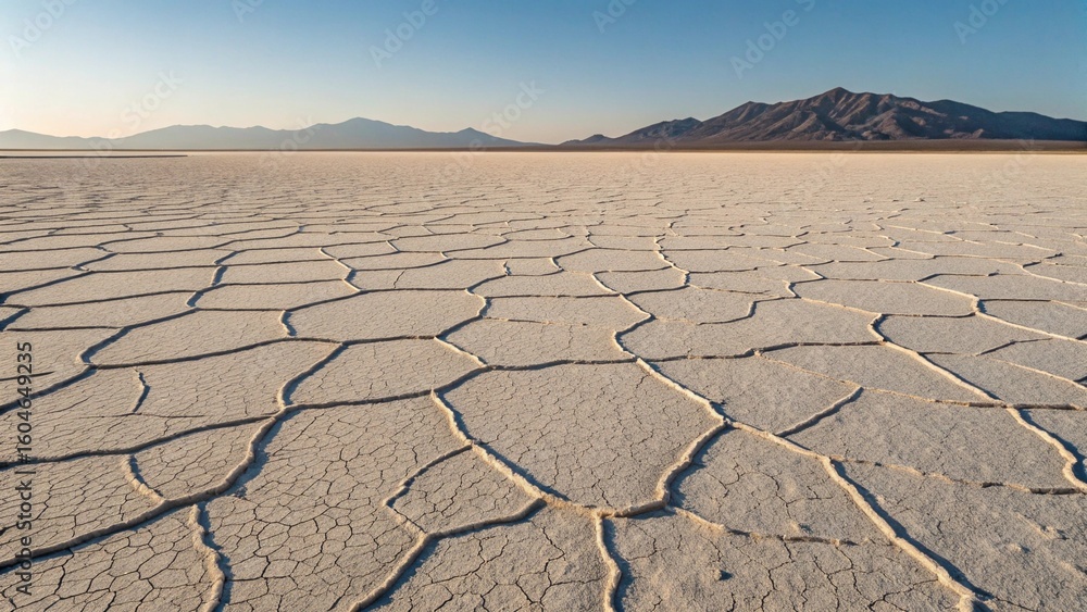 Fototapeta premium Cracked earth of a dry salt flat desert with mountains in the background.