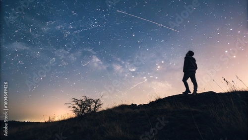 Silhouette of a man stargazing at the night sky with the Milky Way and a shooting star.