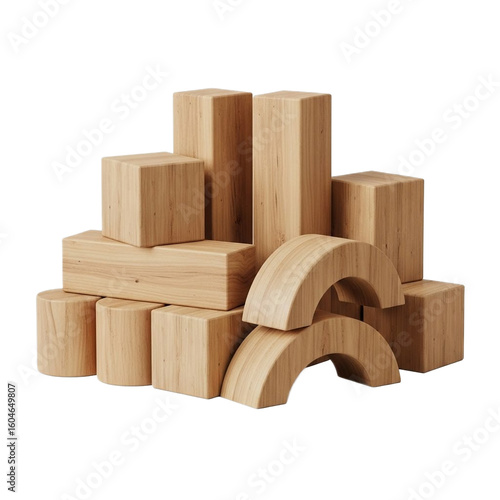 Geometric Wooden Blocks Stacked Together on a Transparent Background for Creative Play