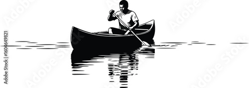 A man rowing a canoe on a body of water with reflections in a minimalist black and white drawing