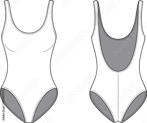 Women's scoop neck one-piece swimsuit technical flat sketch, high cut leg bathing suit front and back CAD vector illustration