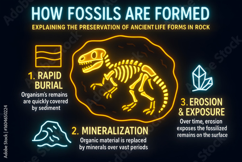 Fossil Formation Process Illustrating Paleontological Preservation and Sedimentary Rock Creation for Geology Education
