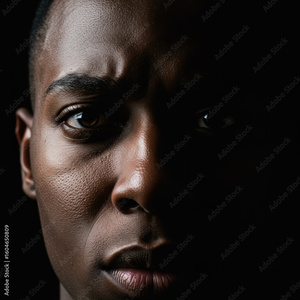 Obraz premium Intriguing Half-Lit Portrait of a Man, Shadows Unveiling Depth and Emotion