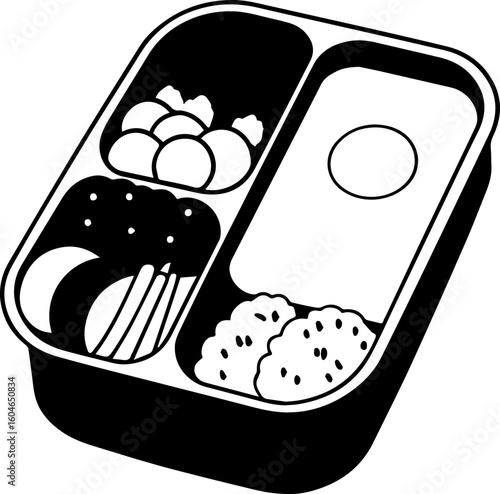 SVG vector of fresh healthy food for losing weight.Black and White Bento Box Illustration with Food Elements
