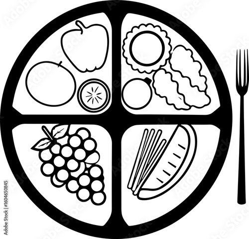 SVG vector of fresh healthy food for losing weight.Healthy Eating Concept with Divided Plate and Vegetables