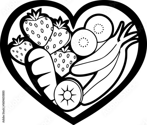 SVG vector of fresh healthy food for losing weight.Heart-Shaped Design Featuring Fresh Fruits and Vegetables