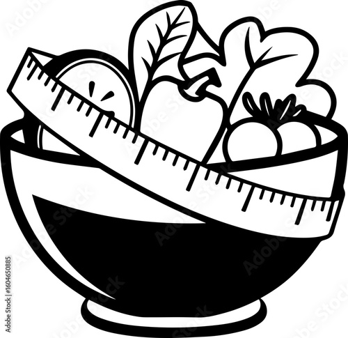 SVG vector of fresh healthy food for losing weight.Fresh Fruits and Vegetables in Bowl with Measuring Tape