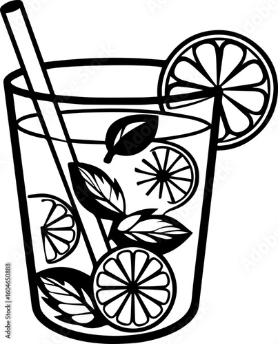 SVG vector of fresh healthy food for losing weight.Refreshing beverage with fresh mint and citrus slices
