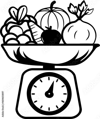 SVG vector of fresh healthy food for losing weight.Scale with Fresh Fruits and Vegetables in Black and White