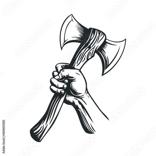 Hand holding a double headed axe in a powerful grasp