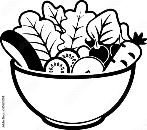 SVG vector of fresh healthy food for losing weight.Fresh Vegetables and Greens in a Simple Bowl