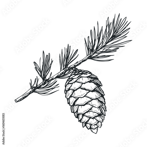 Pine cone and branch sketch in black and white for botanical design