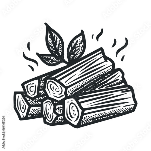 Rustic wood logs with green leaves for natural decor