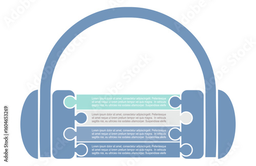 Silhouette of headphones with four features or option of project to select. Minimal infographic illustration for technology and entertainment information visualization.