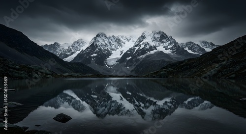 Wallpaper Mural Mountain lake reflecting snowy peaks under moody skies – high contrast editorial style Torontodigital.ca