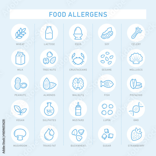 Food allergens set icon. Icons designed to represent the major food allergens clearly and effectively. The outline icons are well scalable and editable, good for different backgrounds. EPS10.
