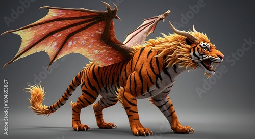 Roaring Winged Tiger Dragon with Fiery Wings