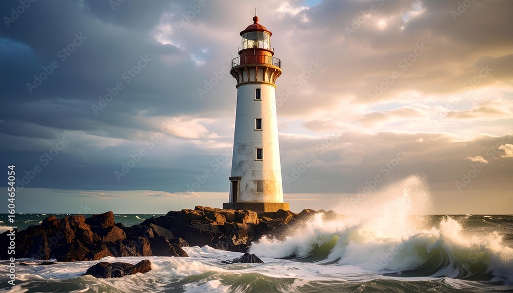 Fototapeta premium a lighthouse on the beach with crashing waves
