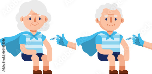  Senior superhero couple getting vaccinated vector illustration. Elderly characters receiving vaccine injection for health and immunity.