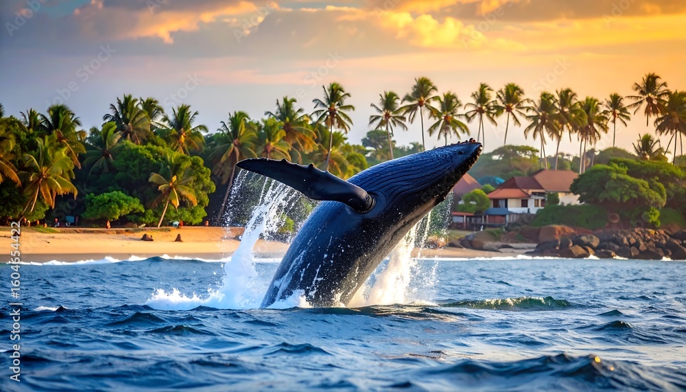 Fototapeta premium Whale leaping at sunset over a tropical beach