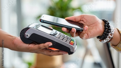 Mobile payment transaction at a modern cafe with a user-friendly payment terminal and smartphones in hand
