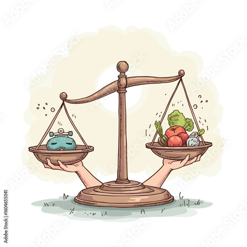 Whimsical hand-drawn cartoon illustration of balanced scales with a skateboard helmet and fresh vegetables, symbolizing health and safety choices.
