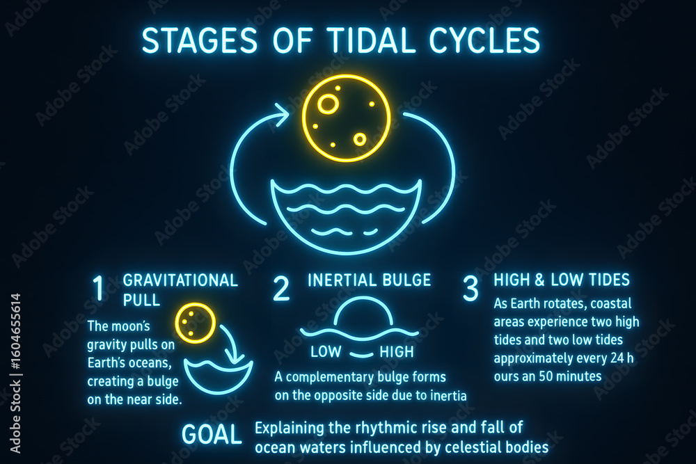 Naklejka premium Tidal Cycle Stages Infographic Detailing High and Low Tides Driven by Gravitational Forces for Oceanography Education