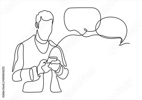 Person holding smartphone and sending messages. Concept of chatting, online messaging, application for internet conversation, digital communication. line icon-continuous line drawing. Editable stroke.