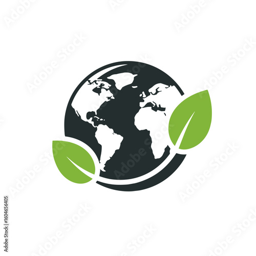 Earth globe with green leaves in simple flat design  