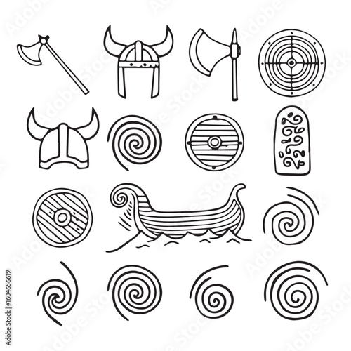 Explore ancient Viking symbols, axes, helmets, shields, and longship for historical design