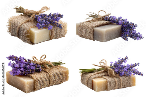 Four handmade soaps wrapped in burlap and lavender sprigs for a rustic spa experience isolated on transparent background