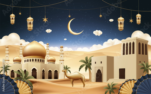 Realistic Arabic Culture and Desert Landscape with Buildings Composition