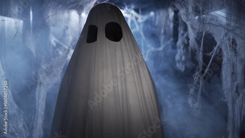 Portrait of a ghost in a white sheet with black eyes among the web in the smoke at night standing in an abandoned building. Halloween
